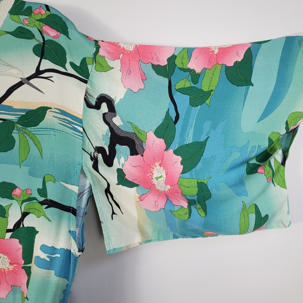 NEW Boho Vintage Floral Print Kimono Maxi Duster Jacket Robe Teal Pink - Picture 7 of 13